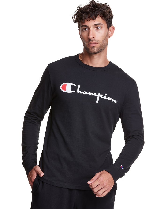 Champion T-Shirt Heren - Zwart - Long-Sleeve Lightweight Script Logo ( 168405-MFZ )